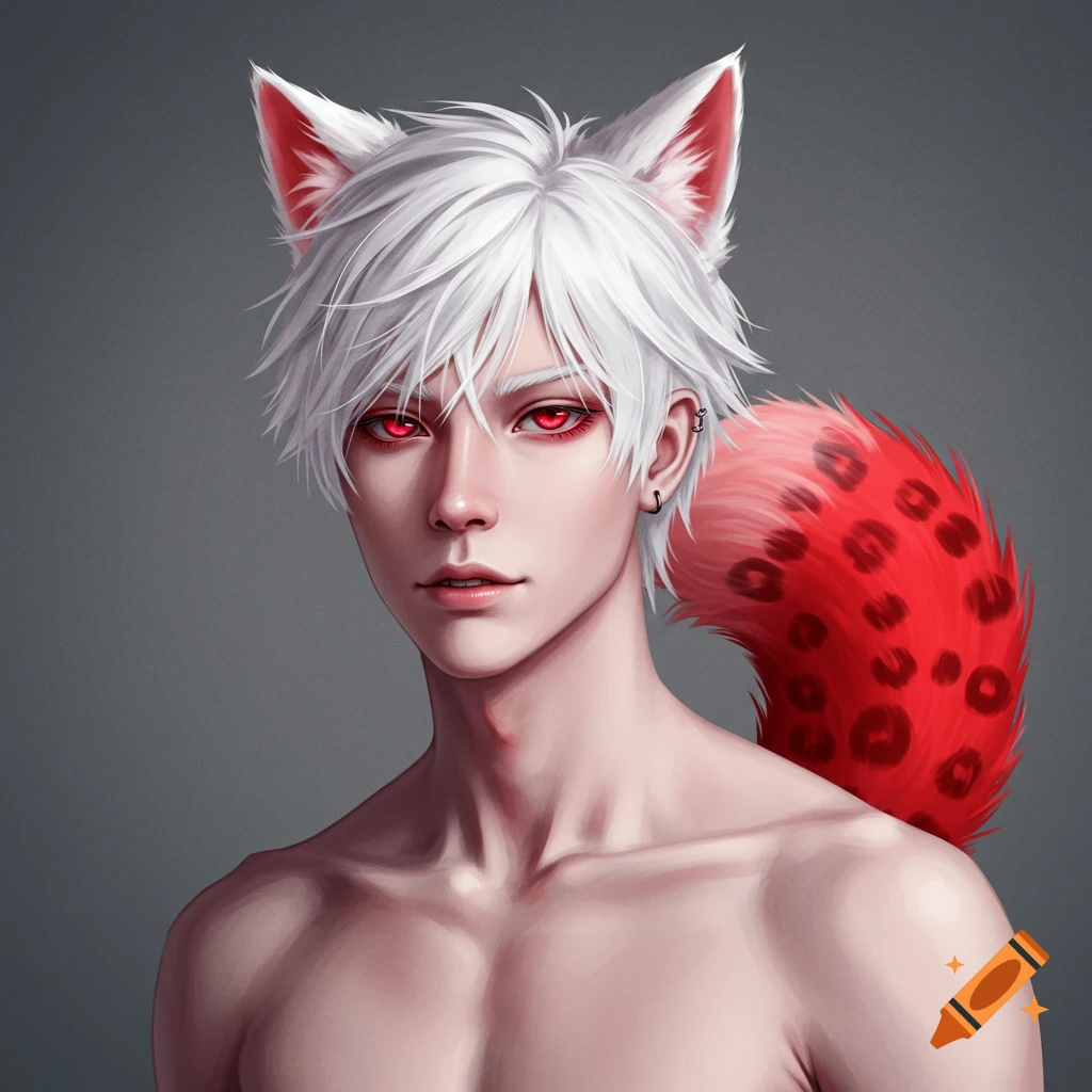 Anime illustration of a young man with white hair, red eyes, wolf ears, and a red leopard tail.