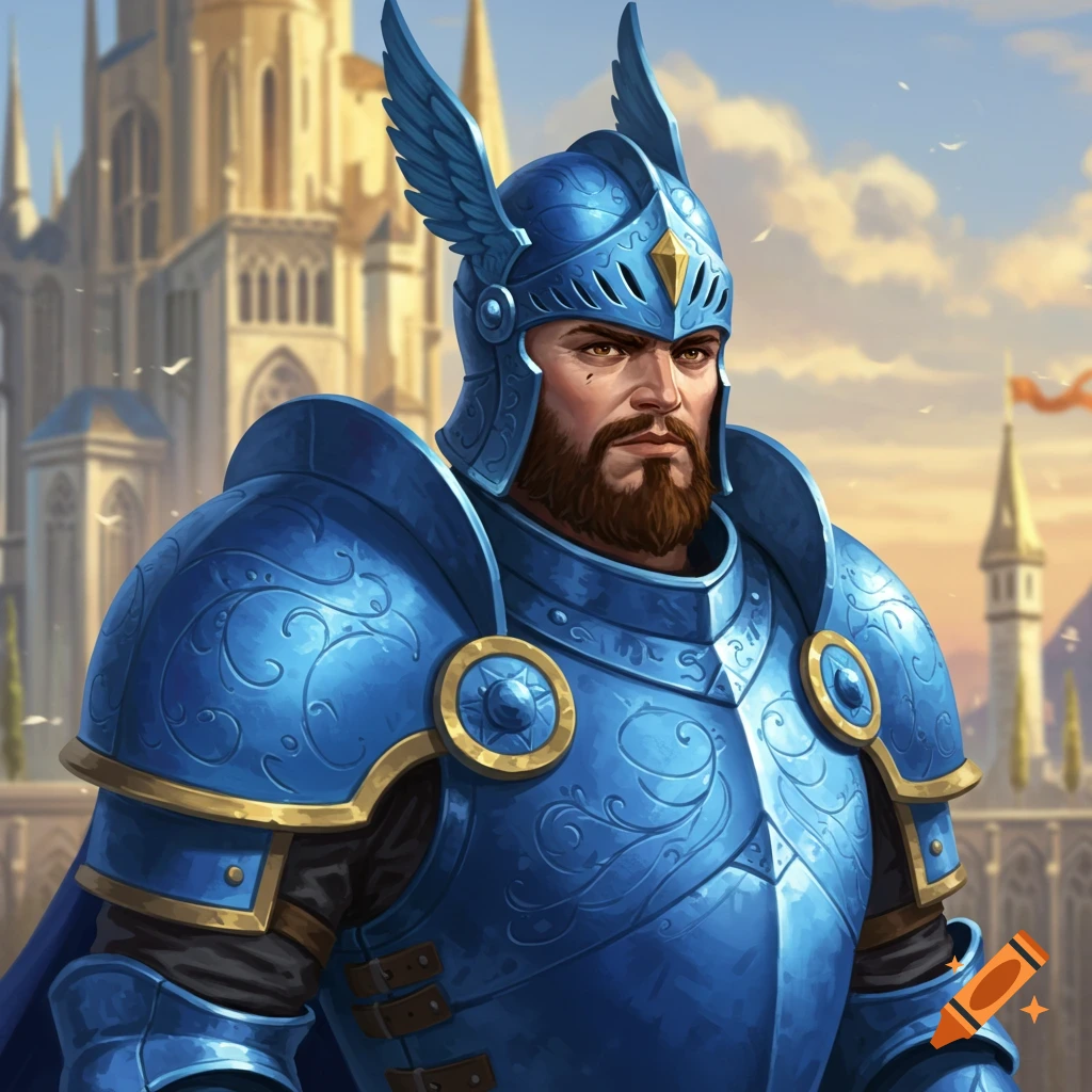 A blue knight in ornate armor standing before a castle