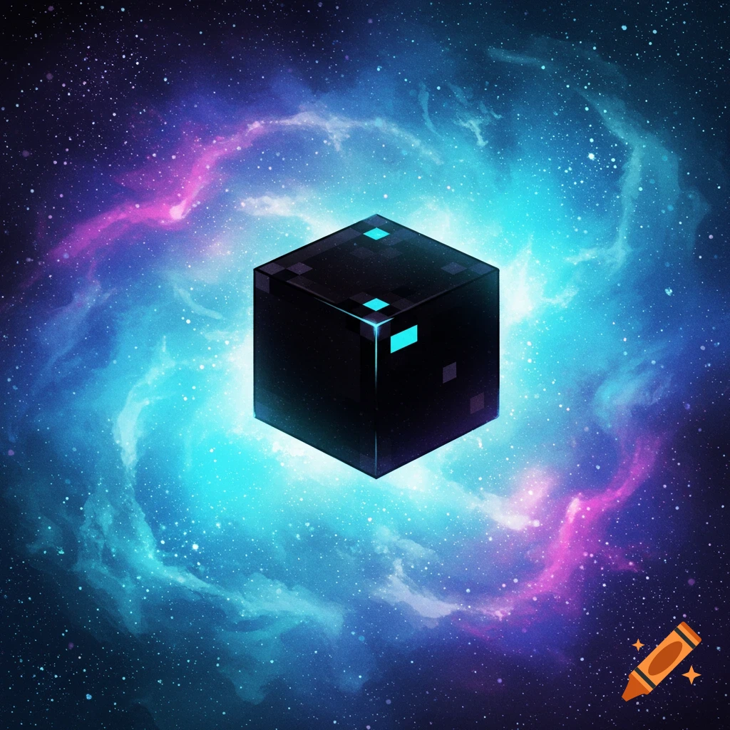 A black cube with glowing blue parts floats in a starry nebula of purple and blue.