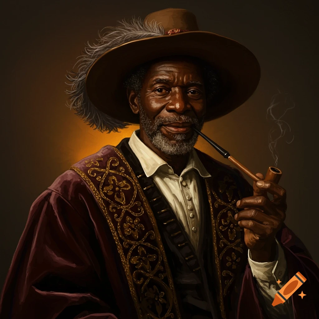 An old Black man in historical clothing and hat smoking a pipe, in the style of Rembrandt.