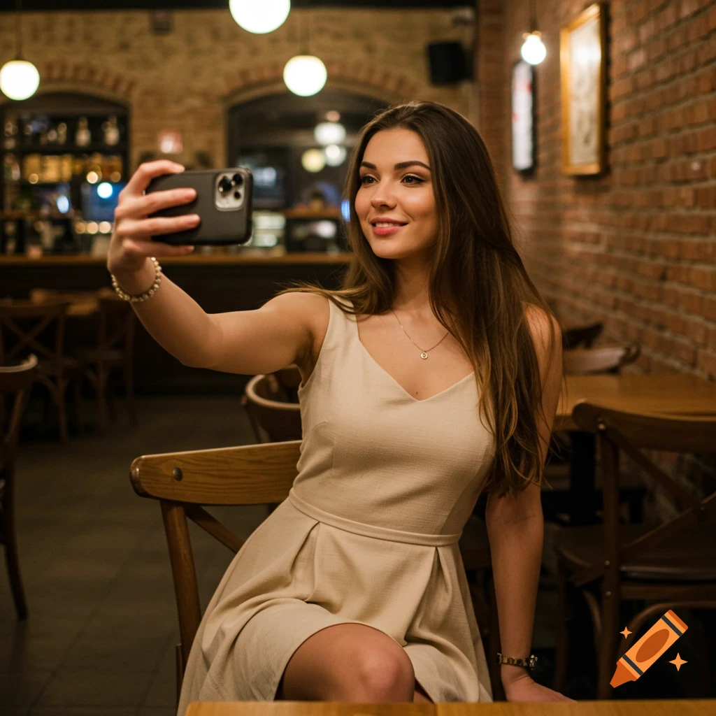 Stylish woman in a dress taking a selfie in a cozy cafe