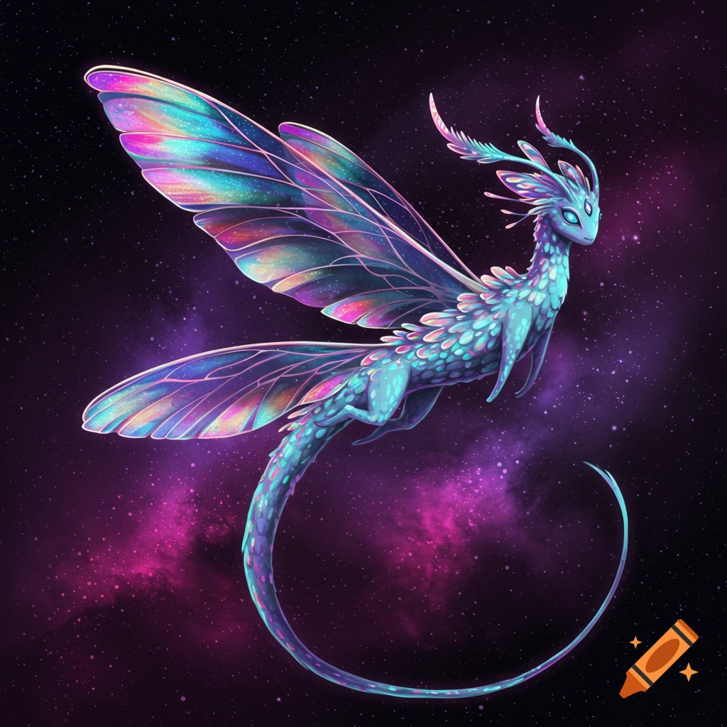 A glowing fantasy creature with iridescent wings flying in space.