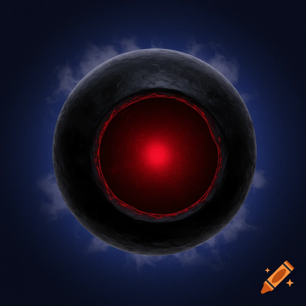 A black orb with a glowing red center in a dark blue sky.