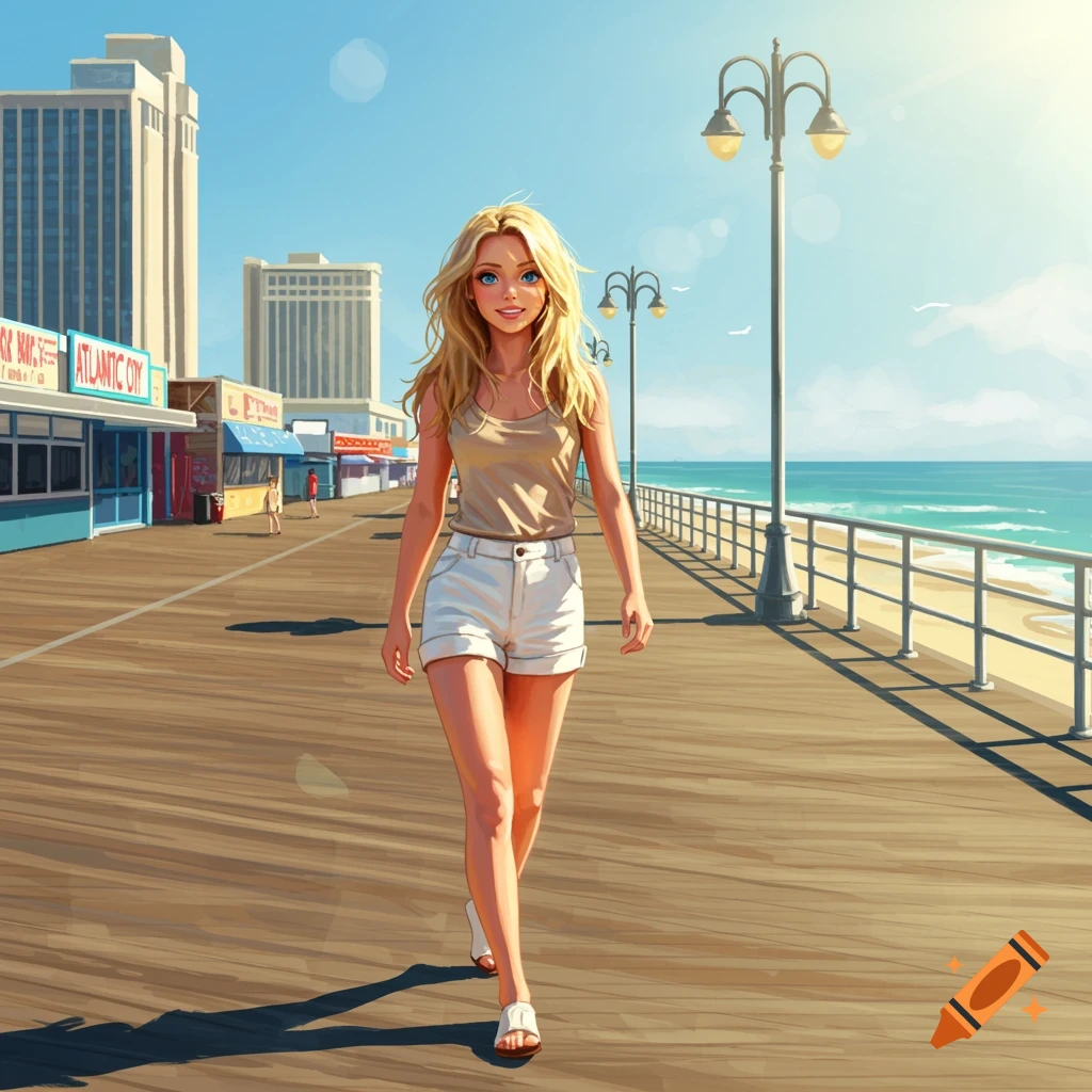 A young woman walks on the Atlantic City boardwalk on a sunny day.