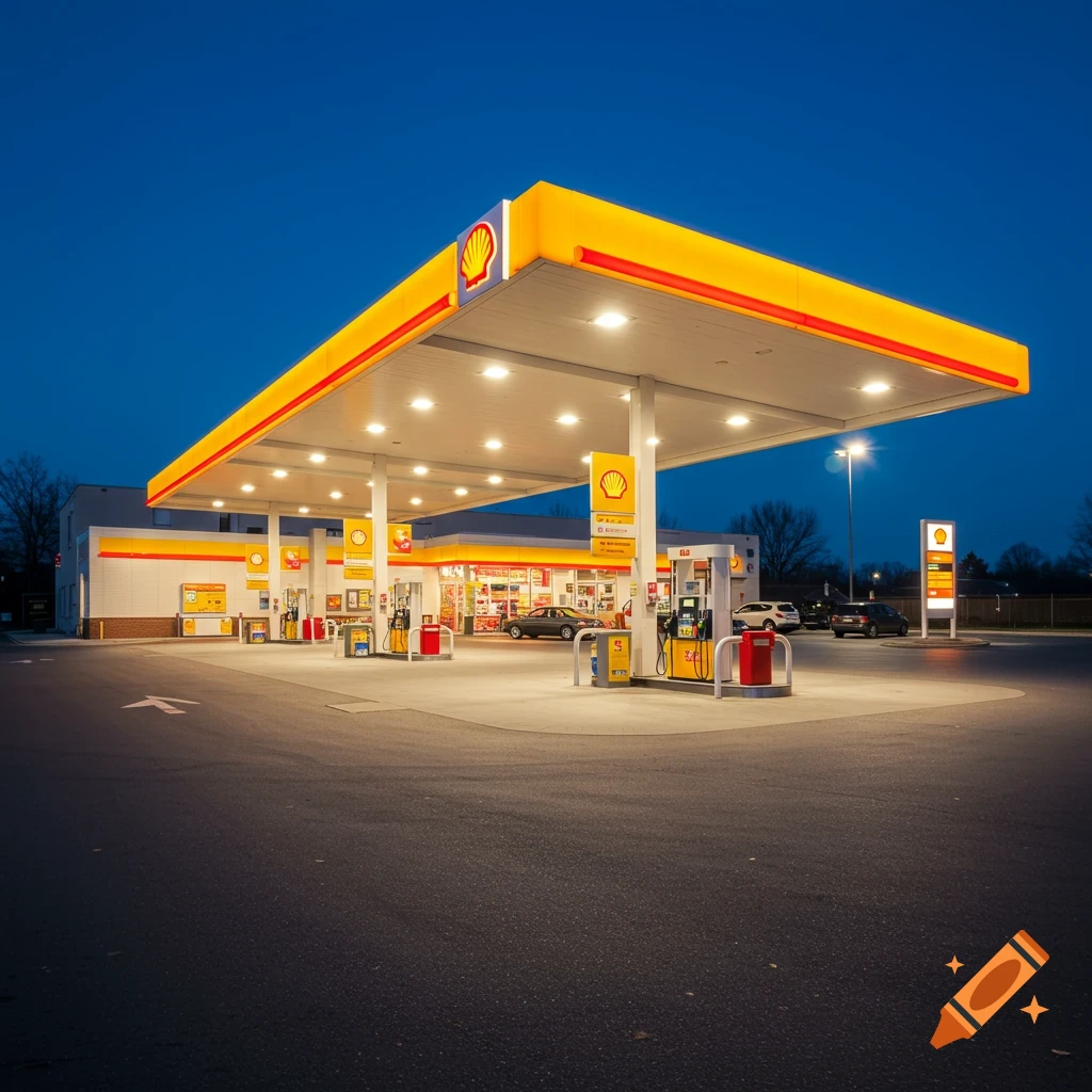A Shell gas station at night, lit up against a dark blue sky. Photorealistic.
