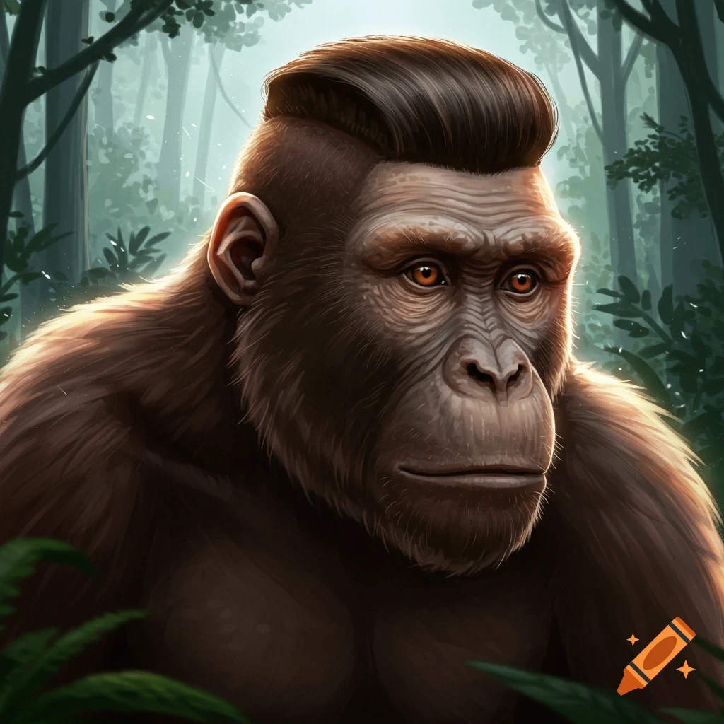A massive monkey with a low taper fade haircut stands in a forest.