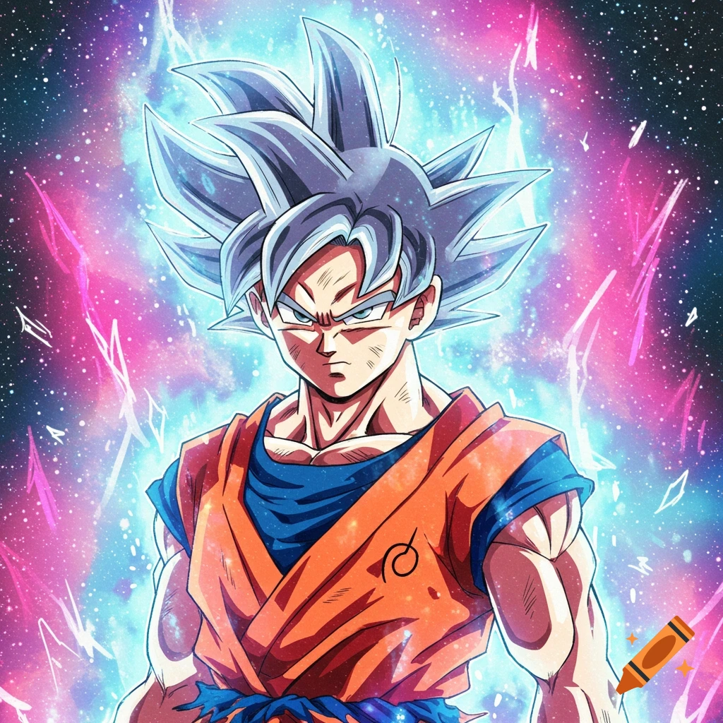 Goku in Ultra Instinct form with silver hair and orange gi, surrounded by blue and pink energy in space.