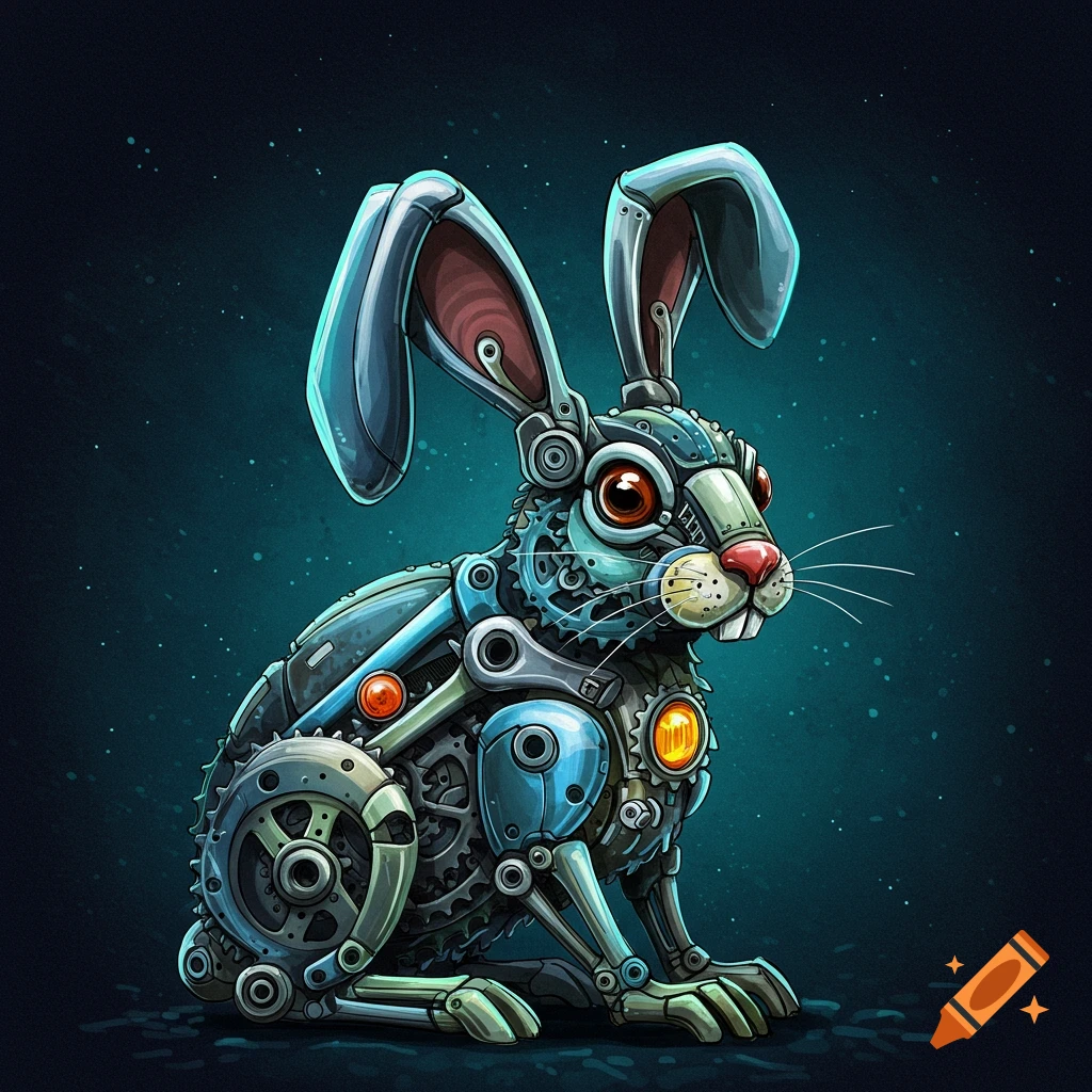 An illustration of a rabbit made from mechanical and bike parts on a dark background.