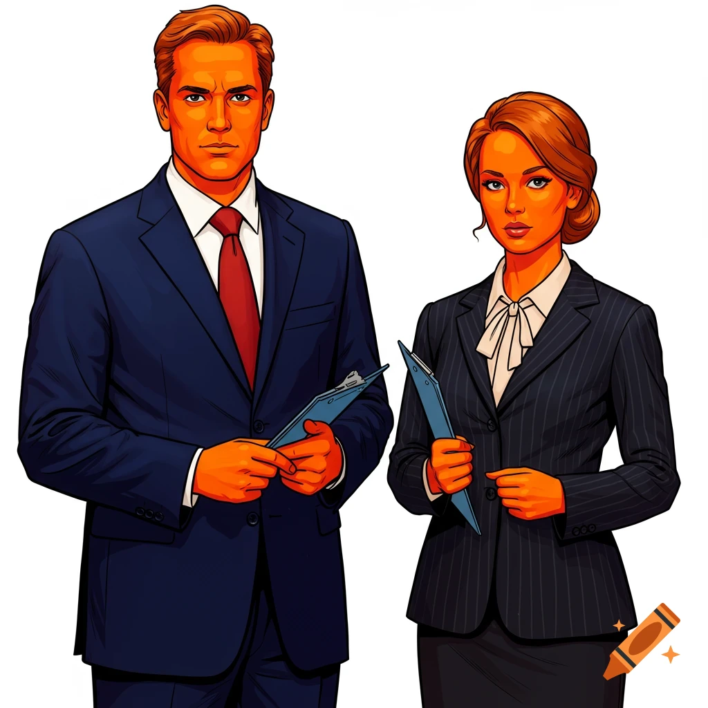 A man and woman in business suits with orange skin holding clipboards.