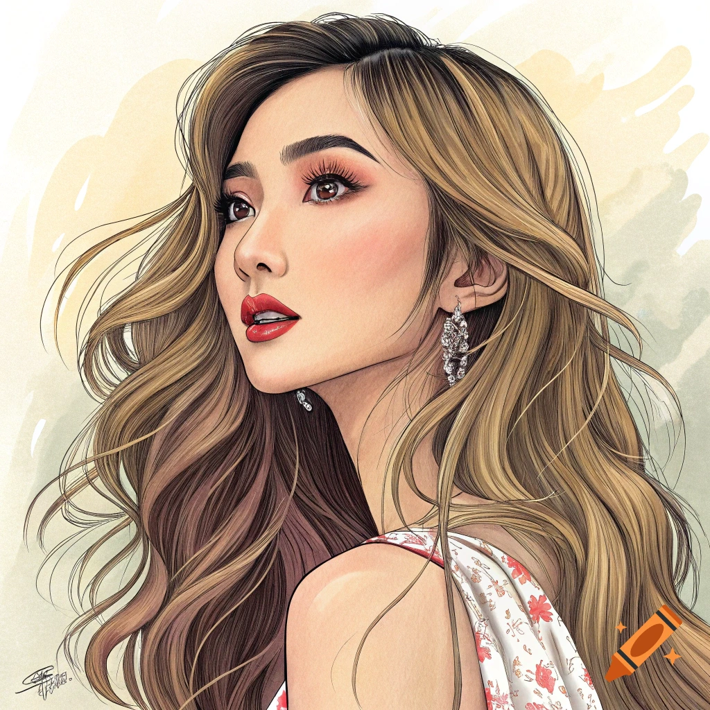 Illustration of a woman with long brown hair, red lipstick, and diamond earrings