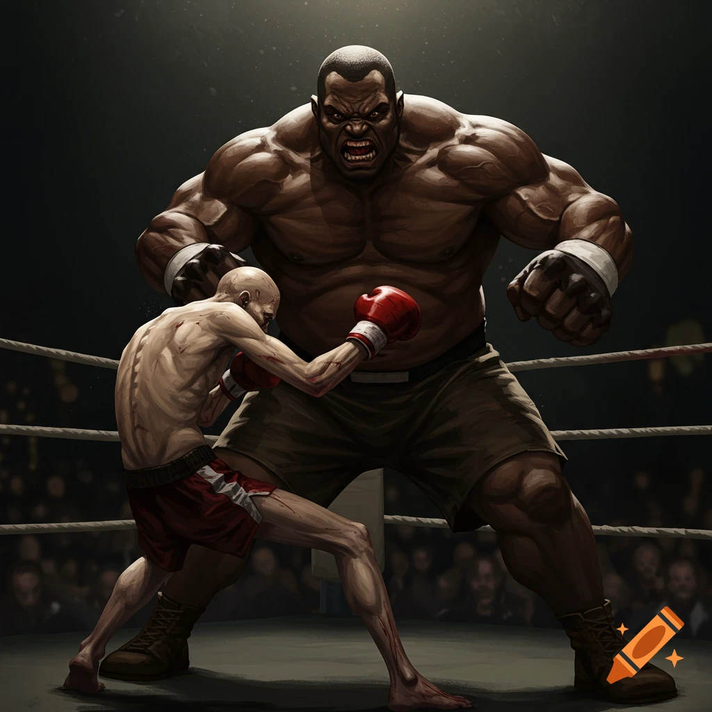 A huge, muscular boxer fights a skinny opponent in a ring.