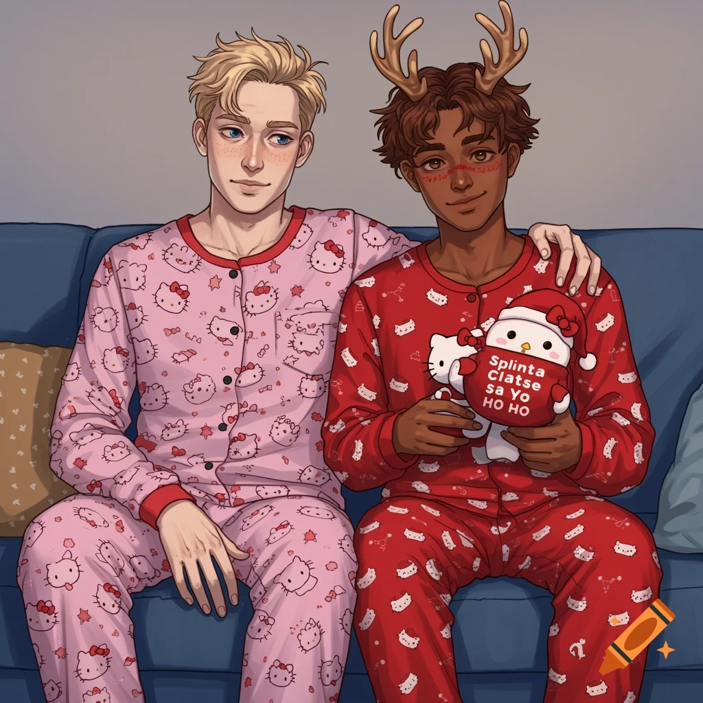 Two young men in Hello Kitty pajamas are sitting on a couch, one is wearing reindeer antlers and holding a Christmas plushie.