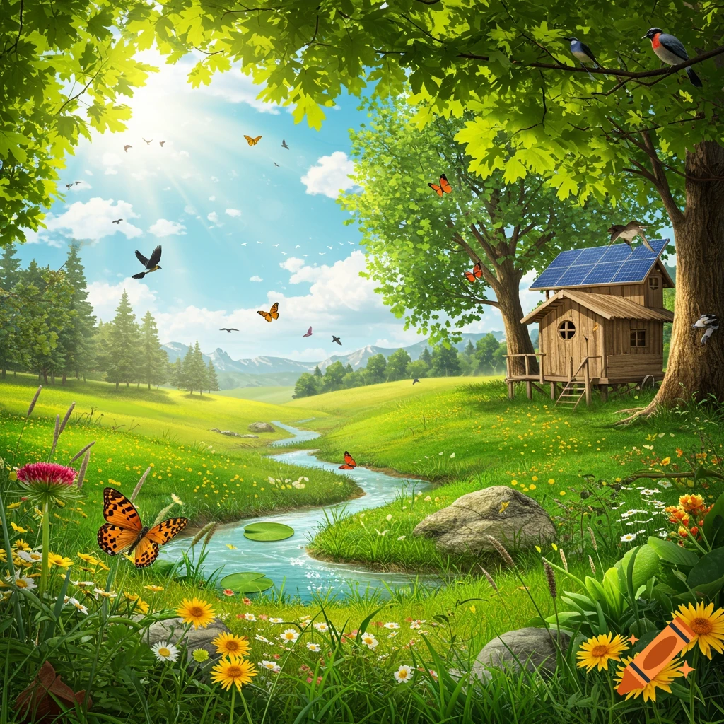 A sunny lush green landscape with a winding stream, flowers, butterflies, birds, and a small wooden house with a solar panel.