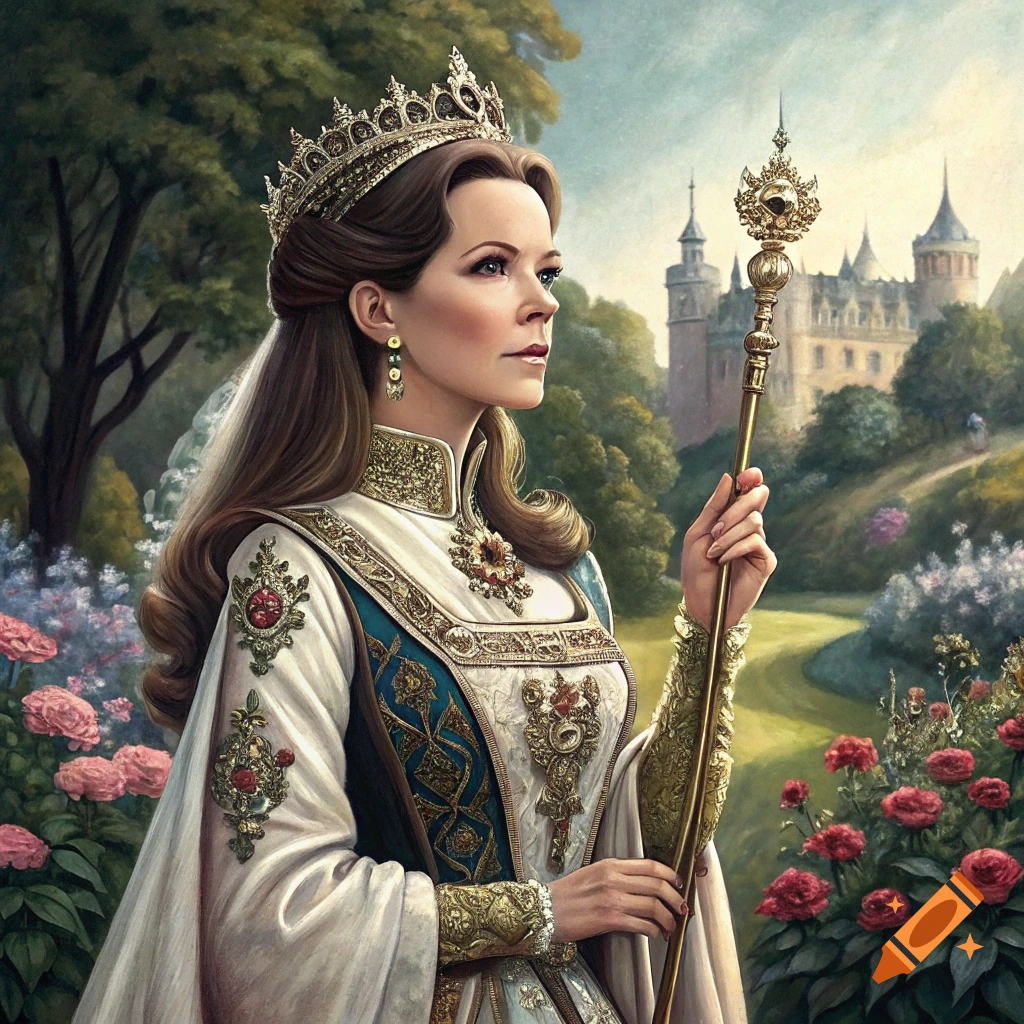 A woman in a jeweled crown and ornate medieval dress stands in a garden holding a scepter, with a castle in the background. The style is painterly.