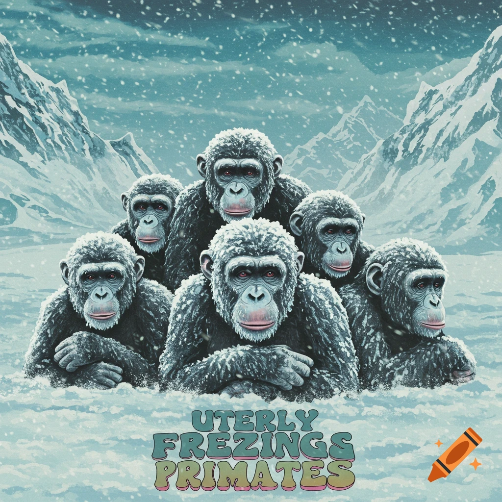 Several chimpanzees in a snowy mountain landscape with text at the bottom.