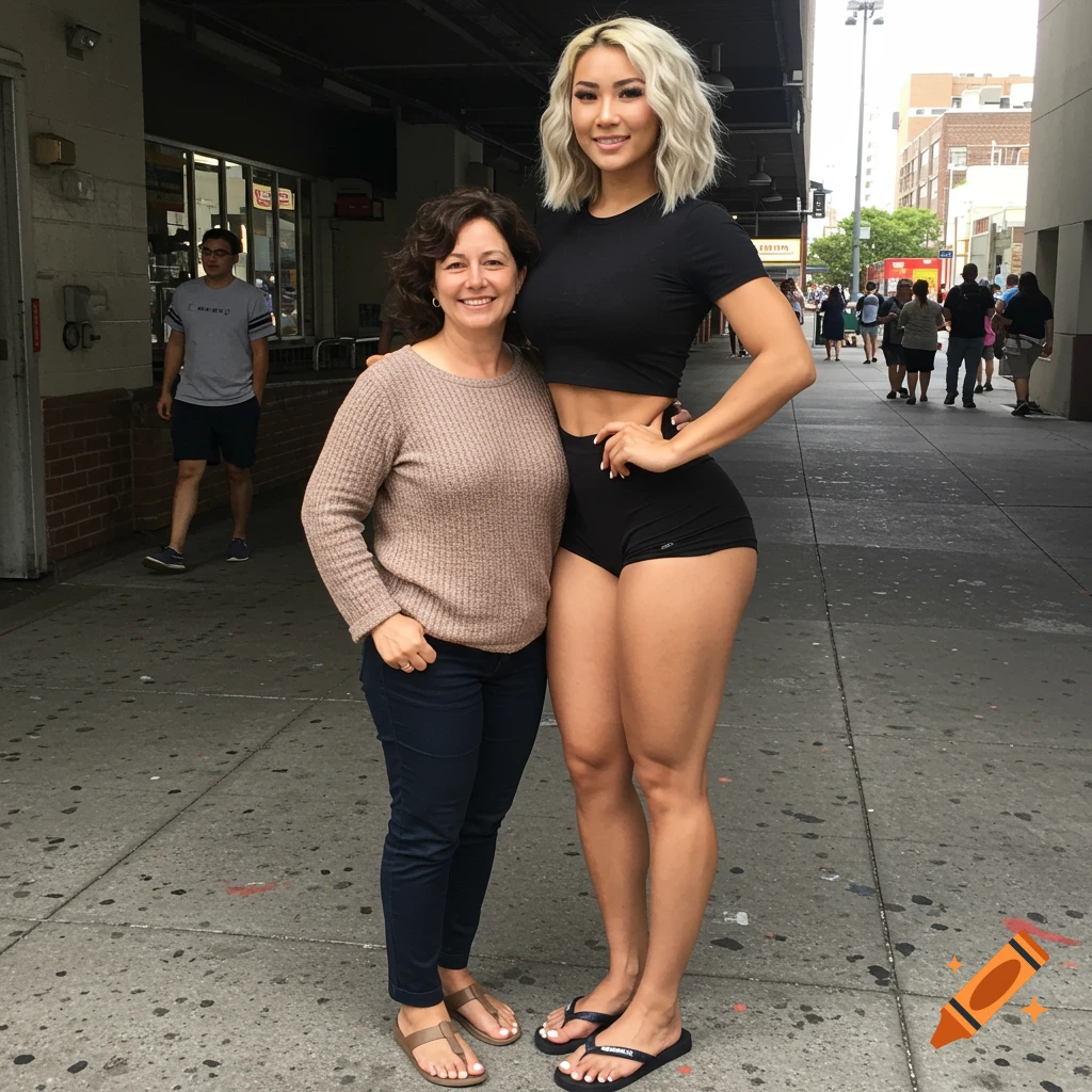 A tall woman in a black crop top and shorts stands with a shorter woman in a brown sweater on a city sidewalk.