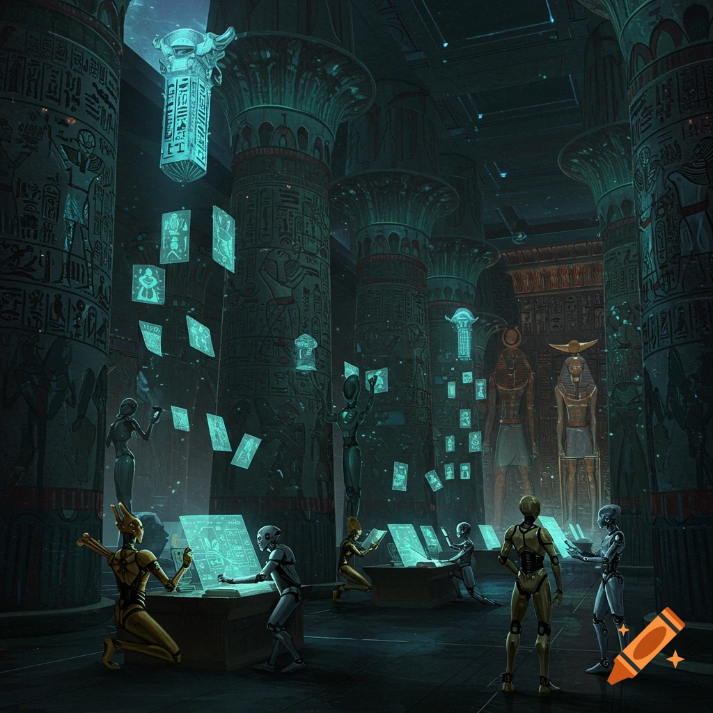 Robots study glowing displays in a futuristic ancient Egyptian library.