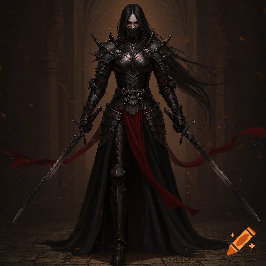 A female warrior in black and red fantasy armor holding two swords in a dark setting, digital art.