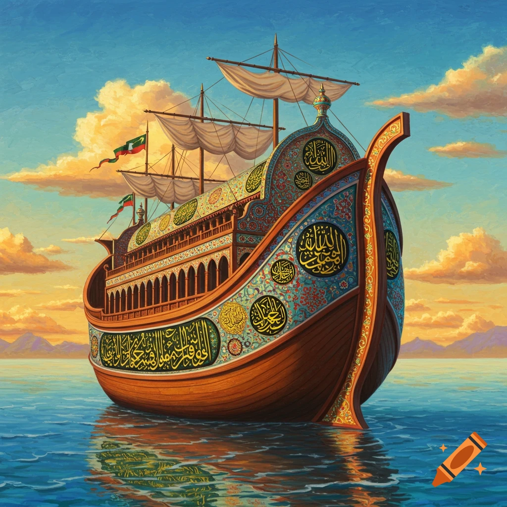 An ornate ship decorated with Arabic calligraphy sails on the sea at sunset.