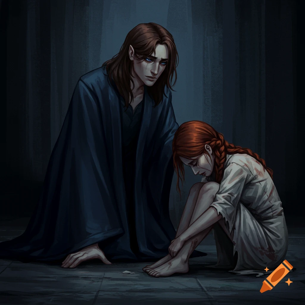 A tall figure in a dark cloak looking down at an injured figure sitting on the floor.