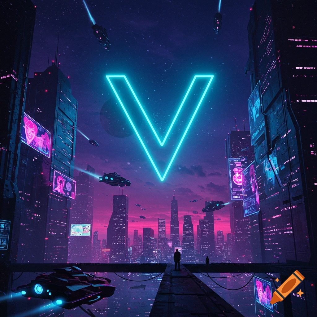 A futuristic cyberpunk cityscape with flying vehicles and a large glowing blue V logo in the sky.