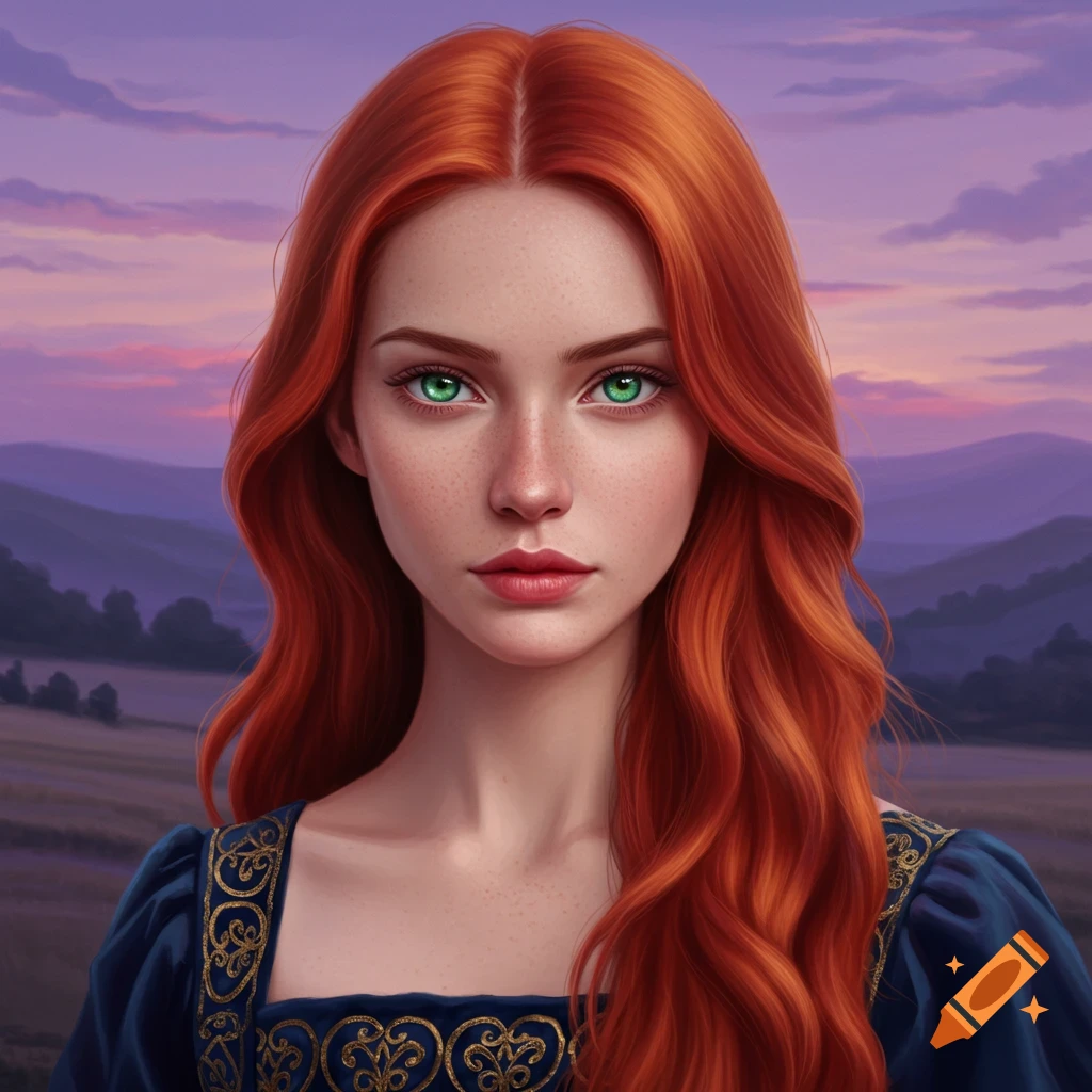 A woman with red hair and green eyes