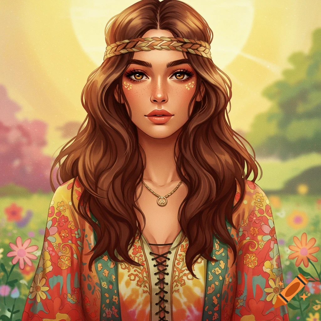 A brown-haired woman with a headband and peace sign necklace, in a field of flowers.