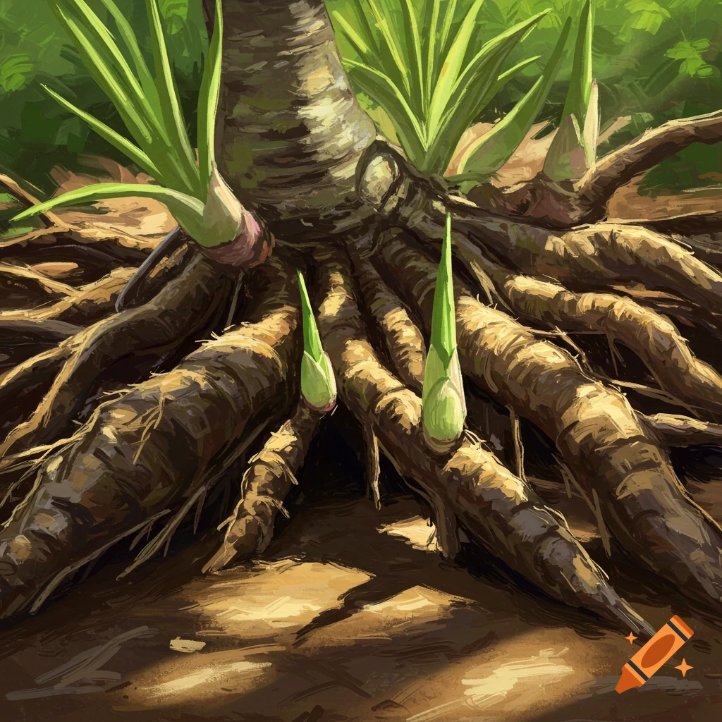 Close-up of gnarled tree roots with green shoots