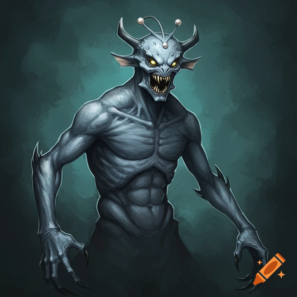 A grey monstrous creature with horns, glowing yellow eyes, sharp teeth, and claws.