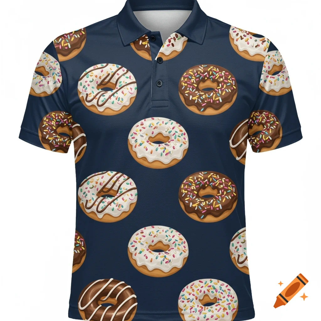 A navy blue polo shirt with a repeating pattern of donuts.