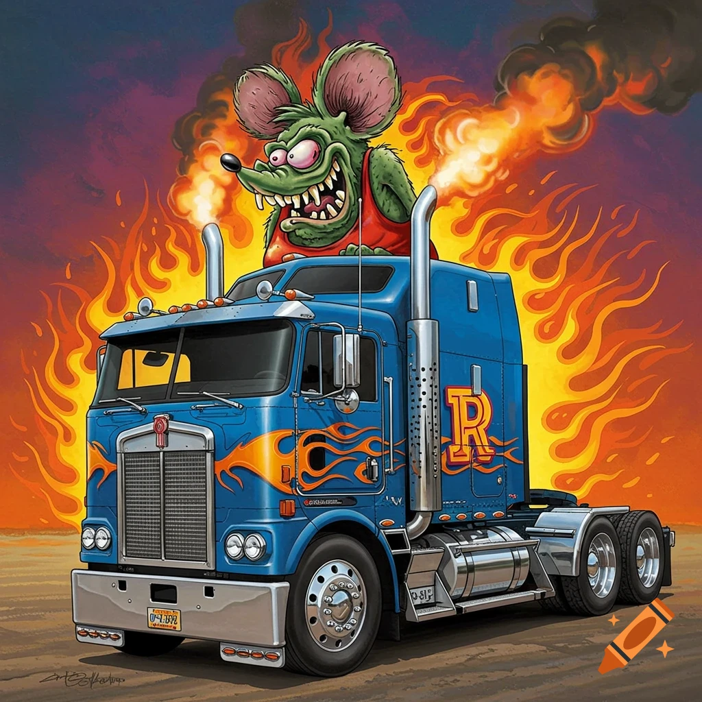 Stylized blue truck with flames and green Rat Fink character on top