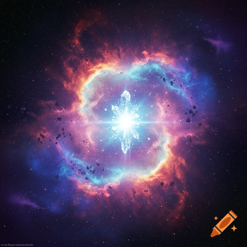A vibrant image of a cosmic nebula with a central crystalline structure and swirling gas clouds.