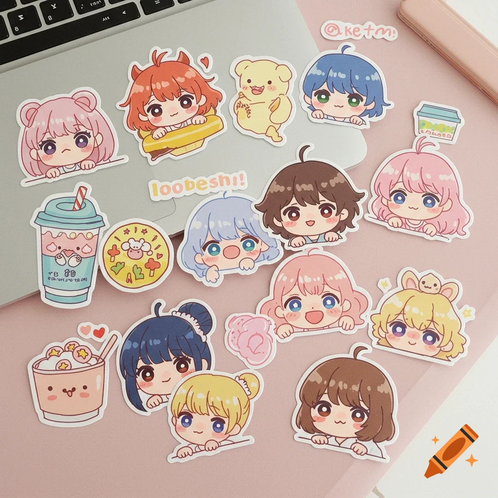 Cute anime peeker stickers of characters, a dog, drinks, and food on a pink surface.