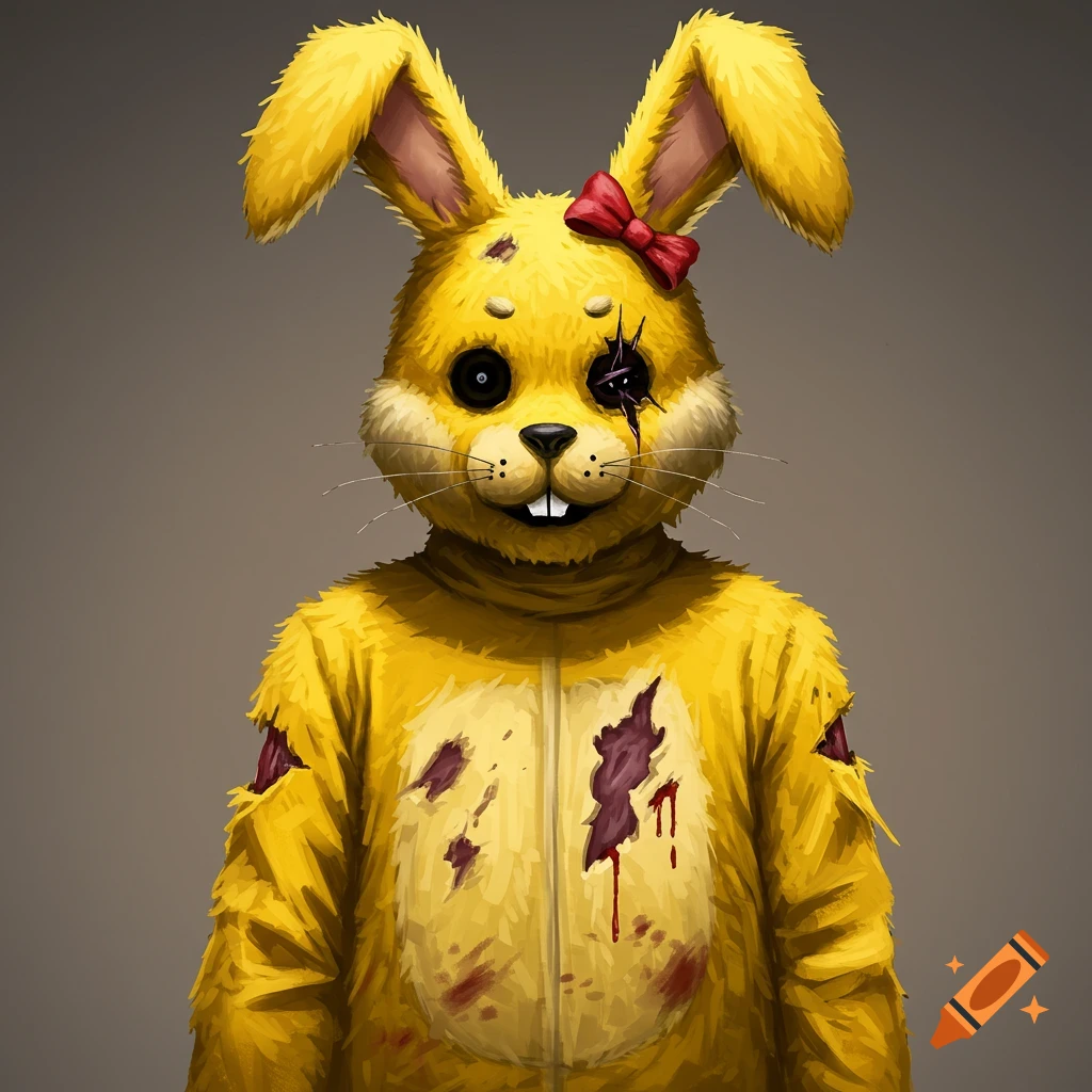 A torn and bloody yellow rabbit mascot suit with a red bow.