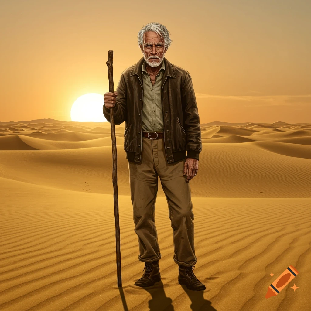 An old man with a walking stick stands in a desert at sunset.