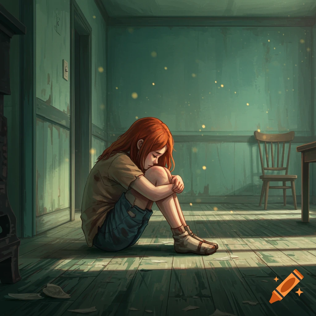A red-haired girl sits curled up on a floor in a muted room, looking sad.