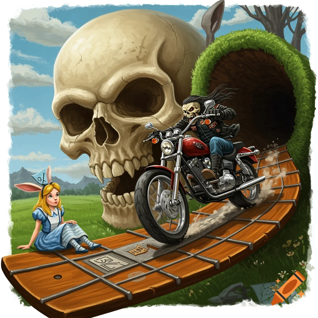 a skeleton biker on a motorcycle riding down a guitar neck past a giant skull and Alice sitting by a rabbit hole