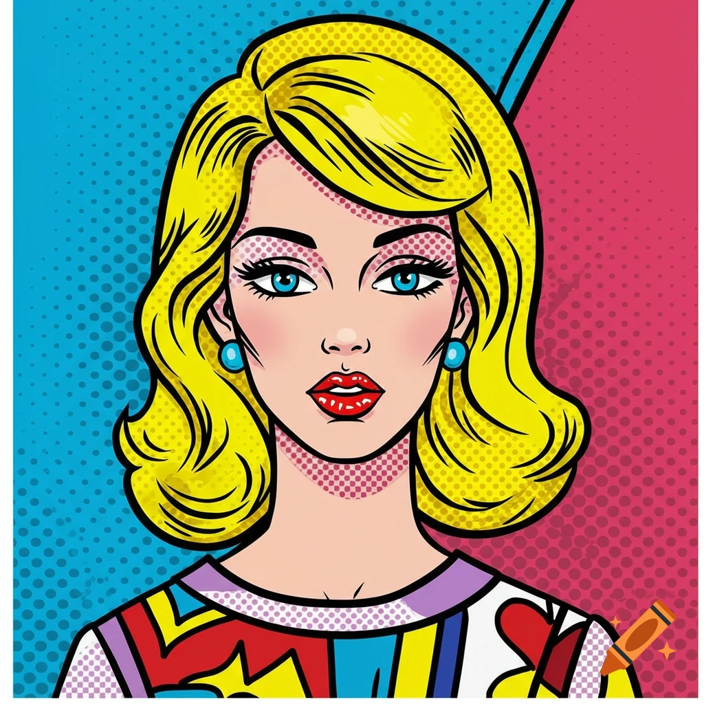 Pop art portrait of a woman with blonde hair and blue eyes