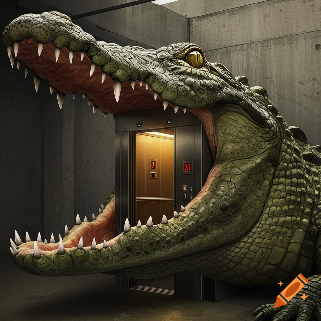 Giant alligator with open mouth in front of an open elevator in a concrete building, digital art.