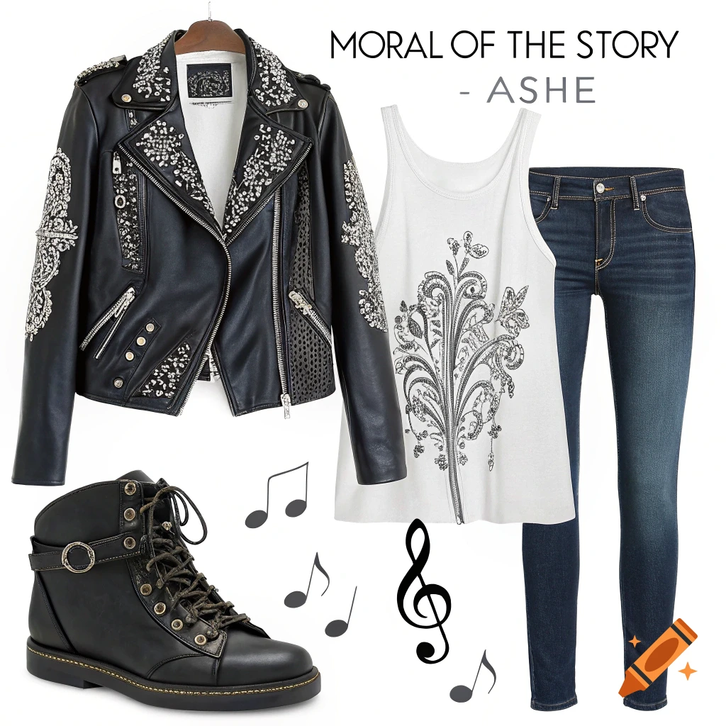Outfit featuring a black studded leather jacket, white printed tank top, blue jeans, black boots, and musical notes.