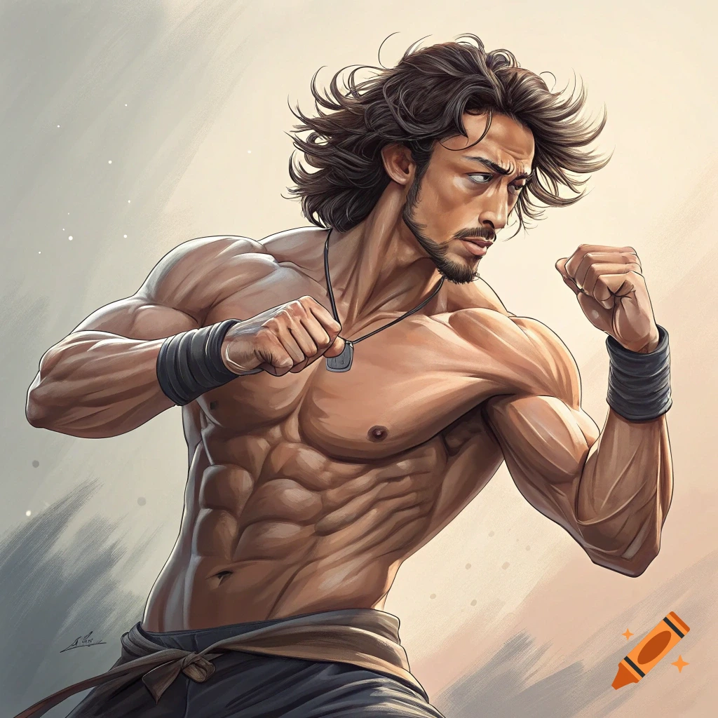 A stylized, muscular man in a fighting pose wearing wristbands and a dog tag necklace.