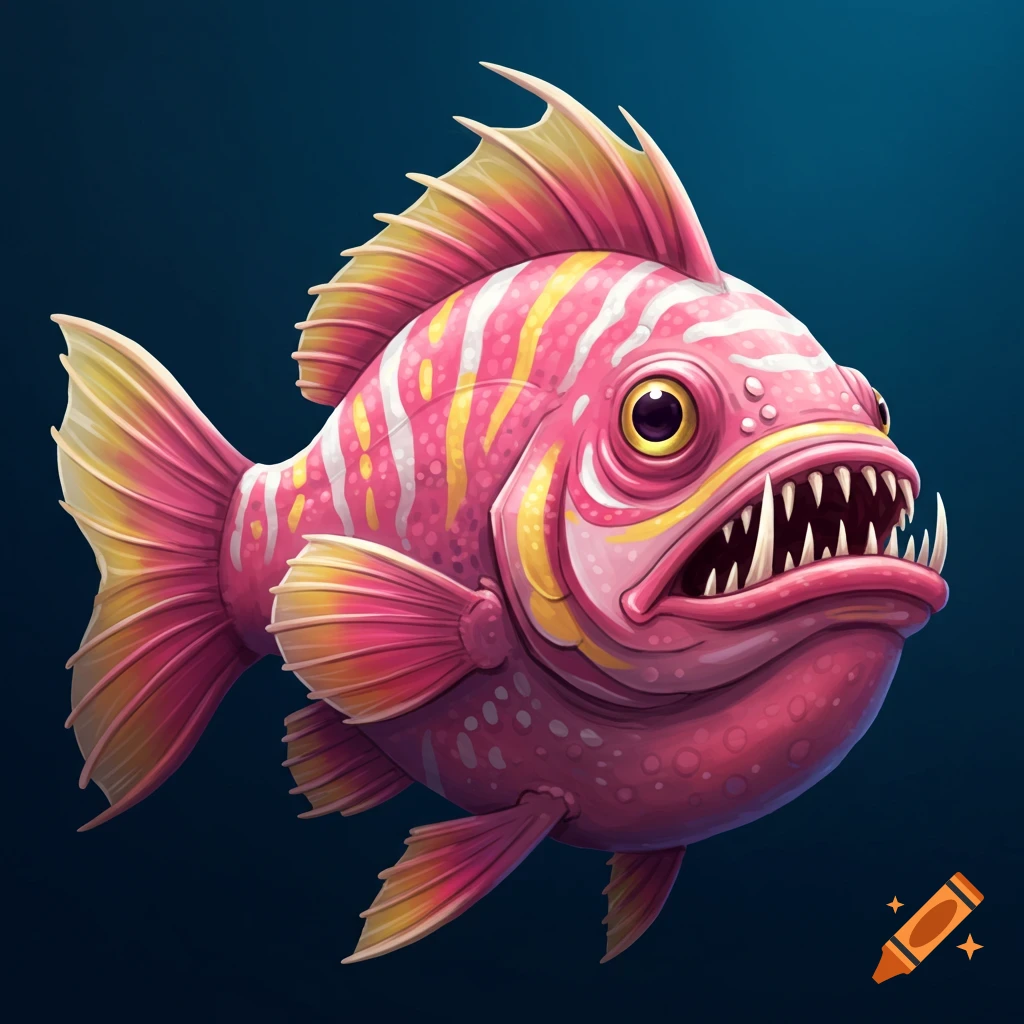 A cartoon of a pink, yellow, and white striped fish with sharp teeth swimming in dark water.