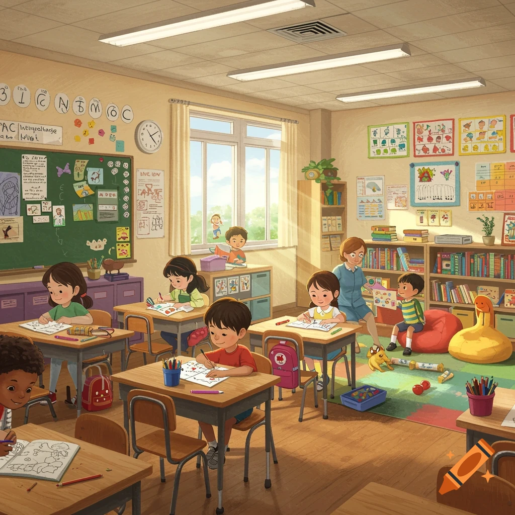 A brightly lit classroom with children and a teacher.