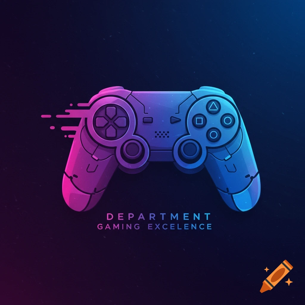 Stylized video game controller with pink and blue light effects and text below on a dark background.