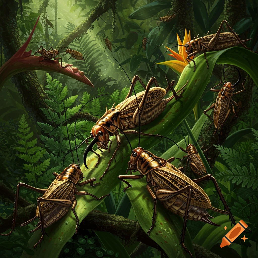 Several large Sabertooth crickets are shown on green leaves and branches in a jungle.