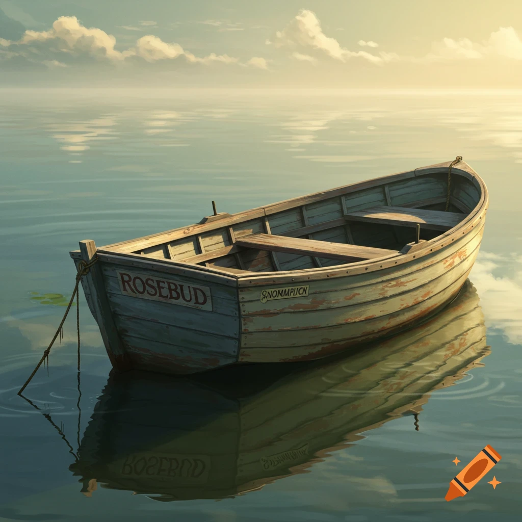 An old wooden rowboat floating on calm water.