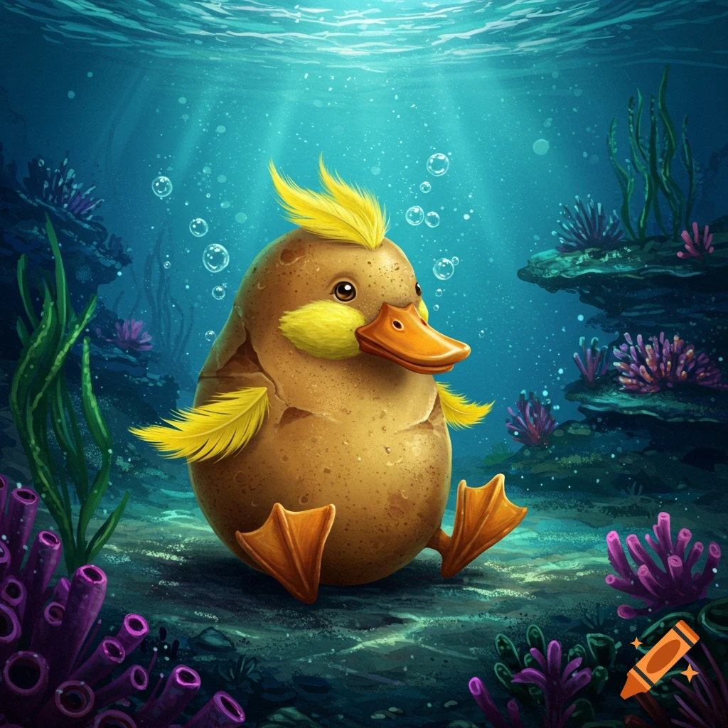 A potato with a duck's face sits underwater among coral.