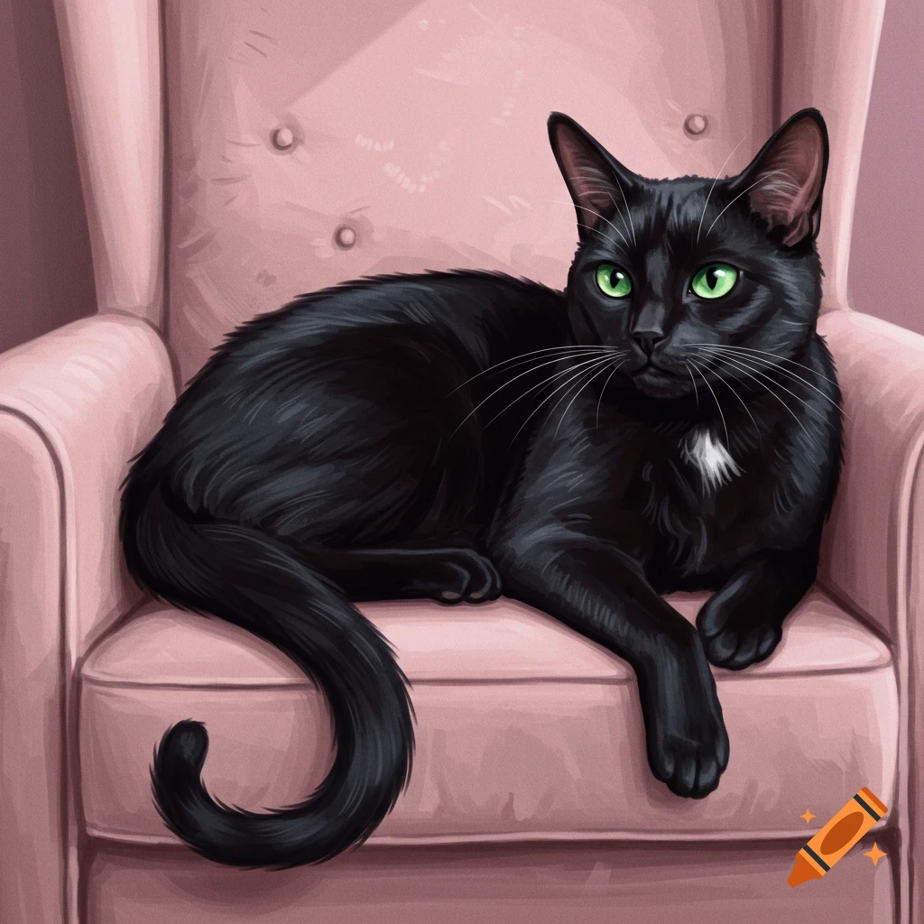 A black cat with green eyes lying on a pink armchair.