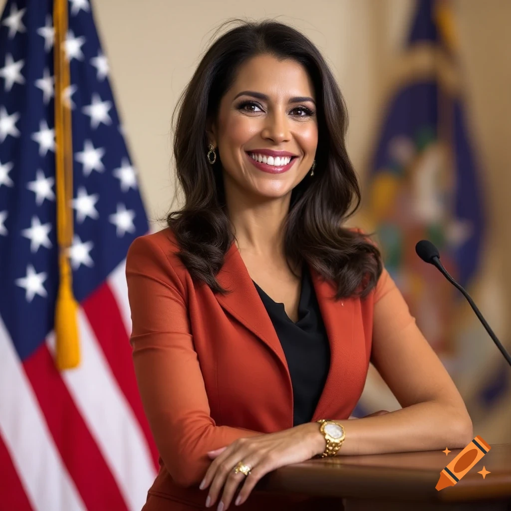 Smiling woman in business suit at podium with flags.