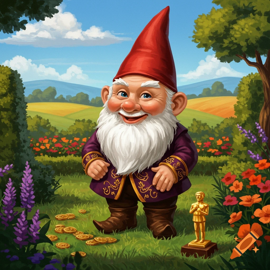 Happy gnome in a garden with coins and a gold statue.